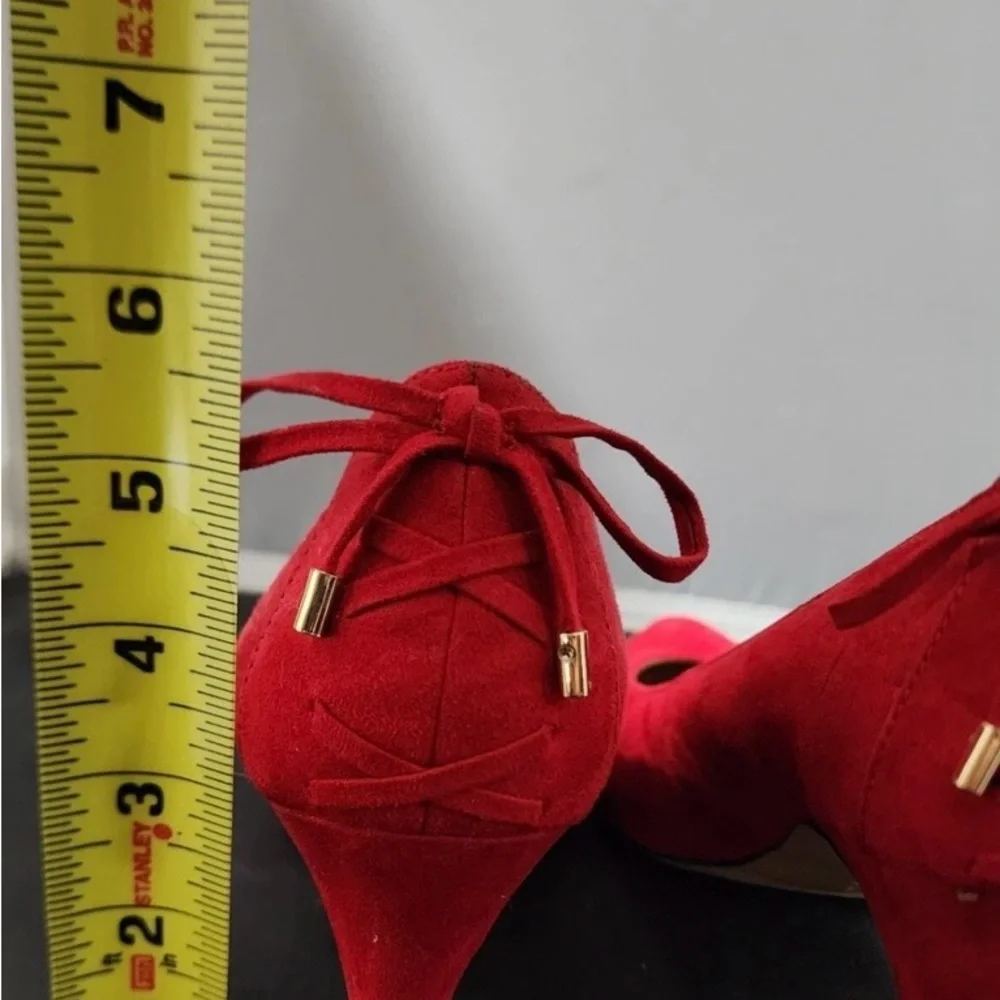 COACH Red Suede 3” Pumps Size 7
Tie-Up Lace Back Side of Heel Silver Finishings - Picture 5 of 14
